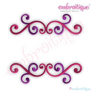 Machine embroidery scroll design, purple swirls, two identical ornaments