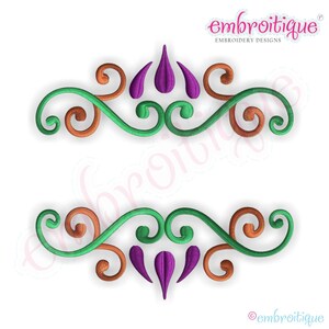 Embroidered scroll frame design with green swirls, purple center flames, and brown accents