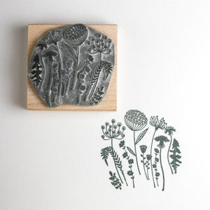 Wildflower silhouette rubber stamp on wood block, botanical flower and leaf stems