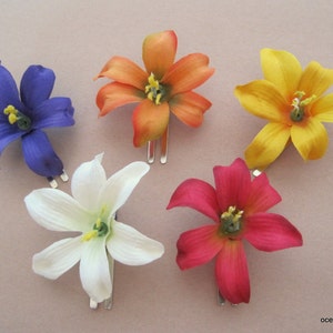Five lily-flower hair clips, silk-look blooms in blue, orange, yellow, white, pink