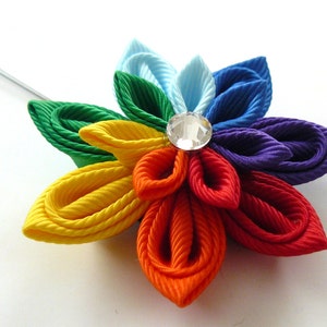 Rainbow kanzashi flower boutonniere with round crystal center lapel pin