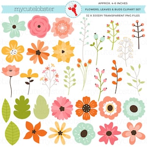 Colorful floral clipart set with flowers, leaves, and buds in assorted styles