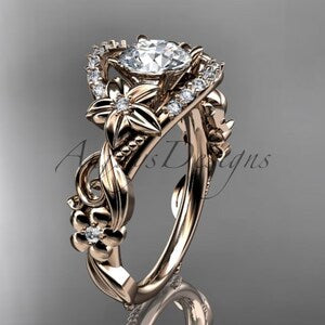 Rose gold floral engagement ring with leaf-and-flower design and white gemstone accents