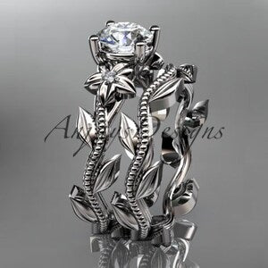 Unique Bridal Set Flower Engagement Ring Set White Gold Diamond Ring Floral Wedding Ring Diamond Engagement Set Wedding Ring Set