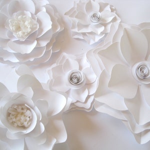 White layered paper flowers, large floral wall decor with rolled centers