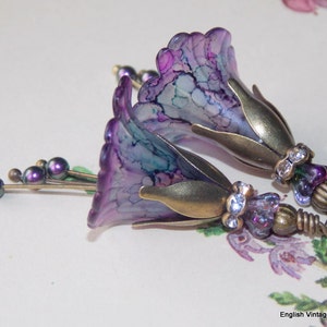 HEATHER hand-painted purple flower dangle earrings with bead accents