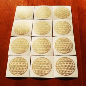 Transparent gold Flower of Life circular stickers, set of 12 on sheet