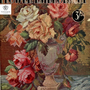 Floral embroidery pattern fabric with roses and butterflies, detailed cross-stitch design