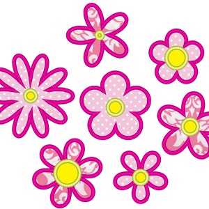 Set of 7 pink floral appliques with yellow centers, assorted flower sizes