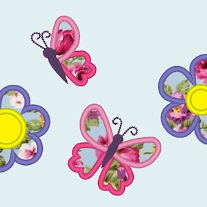 Colorful butterfly and flower machine embroidery applique design for small hoop