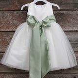 Ivory Lace Flower Girl Dress - Wedding Party Holiday Bridesmaid Birthday Tulle Lace Ivory Flower Girl Dress, Sage color sash