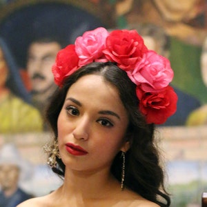Pink and red rose flower crown headband with garland, worn on head