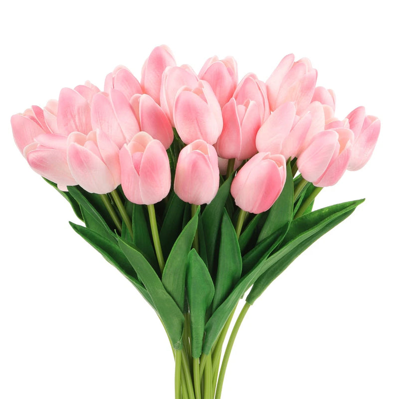 24Pcs Fake Tulips Artificial Flowers, PU Tulips with Stems, Light pink Green Plant