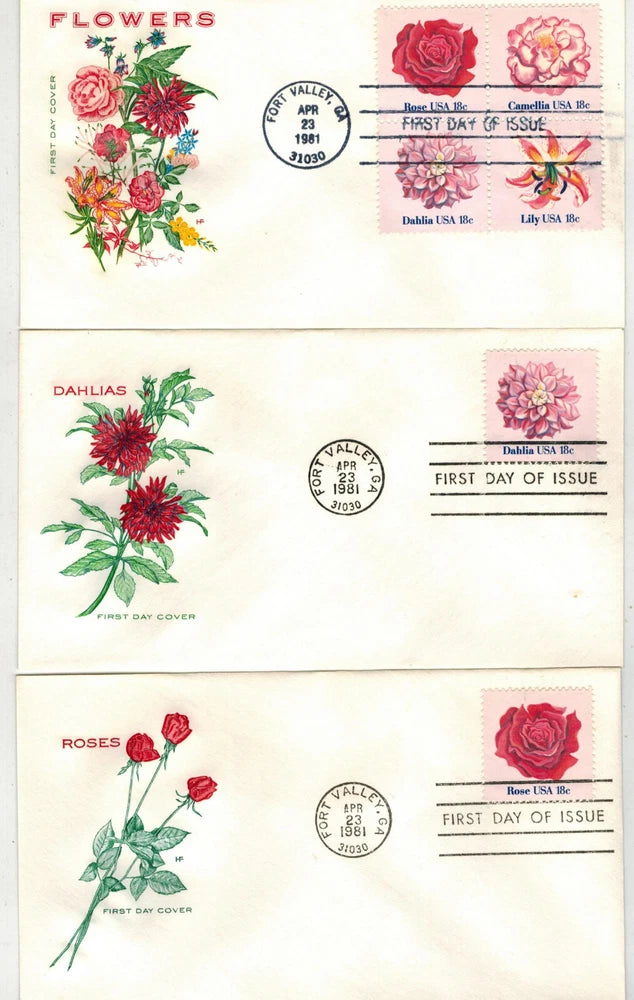 Floral First Day of Issue stamp cover set with rose, lily, dahlia and camellia stamps