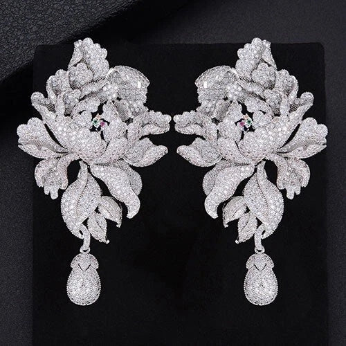 Elegant Peony Flower Simulated White Sapphire CZ Long Drop Chic Wedding Earrings Peony