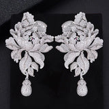 Elegant Peony Flower Simulated White Sapphire CZ Long Drop Chic Wedding Earrings Peony