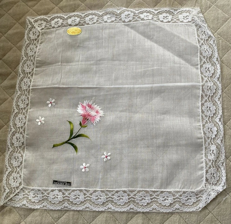 NWT Vintage Handkerchief Pink Carnation Embroidered/Lace Edge Cocktail 12.5" Carnation