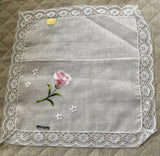 NWT Vintage Handkerchief Pink Carnation Embroidered/Lace Edge Cocktail 12.5" Carnation