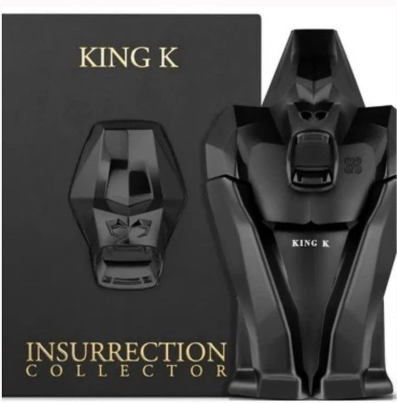 Men's eau de parfum spray bottle with dark angular King K design and cap