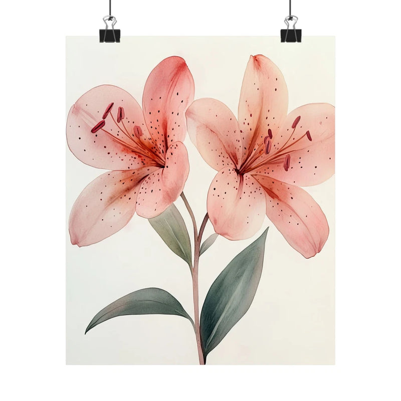 Pink lily flower art print poster with green leaves, minimalist floral design