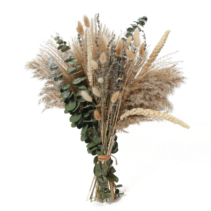 Dried pampas grass bouquet with eucalyptus leaves and beige lavender stems, tied bundle