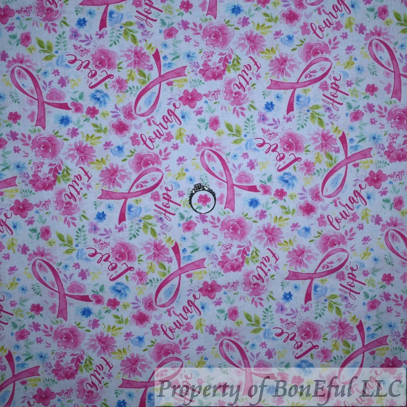 BonEful FABRIC FQ Cotton Quilt White Pink Ribbon Breast Cancer Flower Girl Lady Flowering Plants