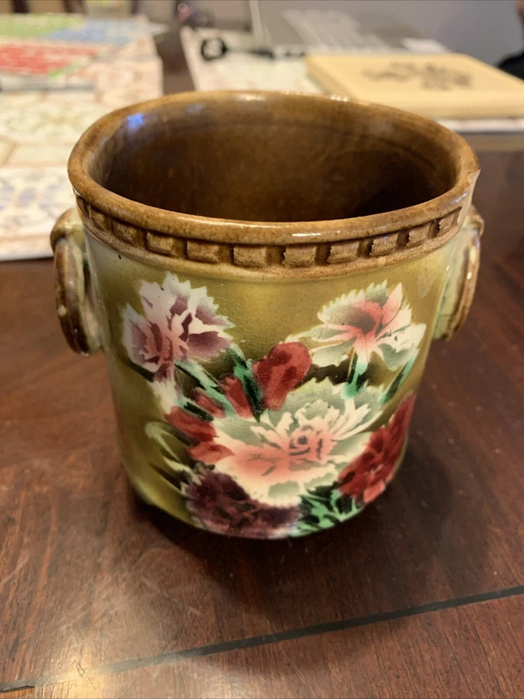 Vintage Czechoslovakian Hand Painted Planter Carnations Flowers Art Pottery Chip Carnation