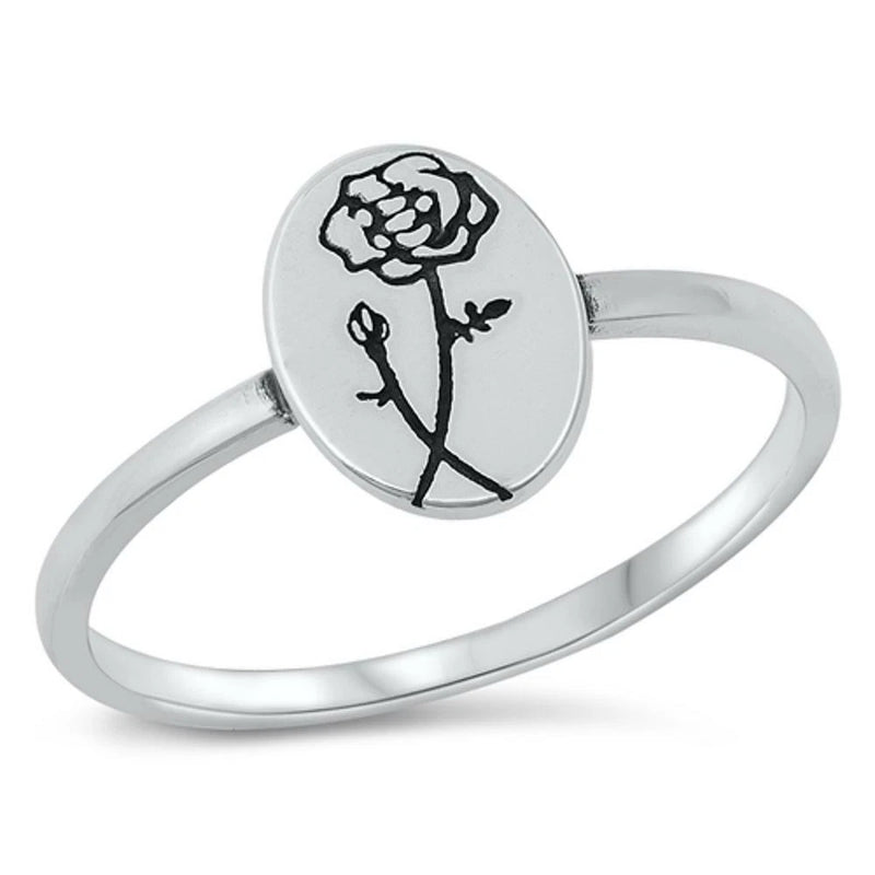 .925 sterling silver ring with engraved flower oval on slim band