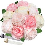 3 Corlors Artificial Peony Flowers with 2 Satin Ribbons & Greeting Card,12 He... Peony