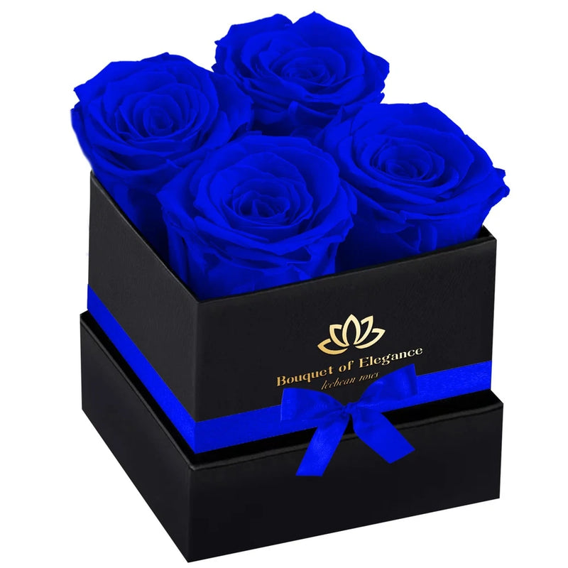Blue preserved roses in black gift box with blue ribbon and 5 blooms