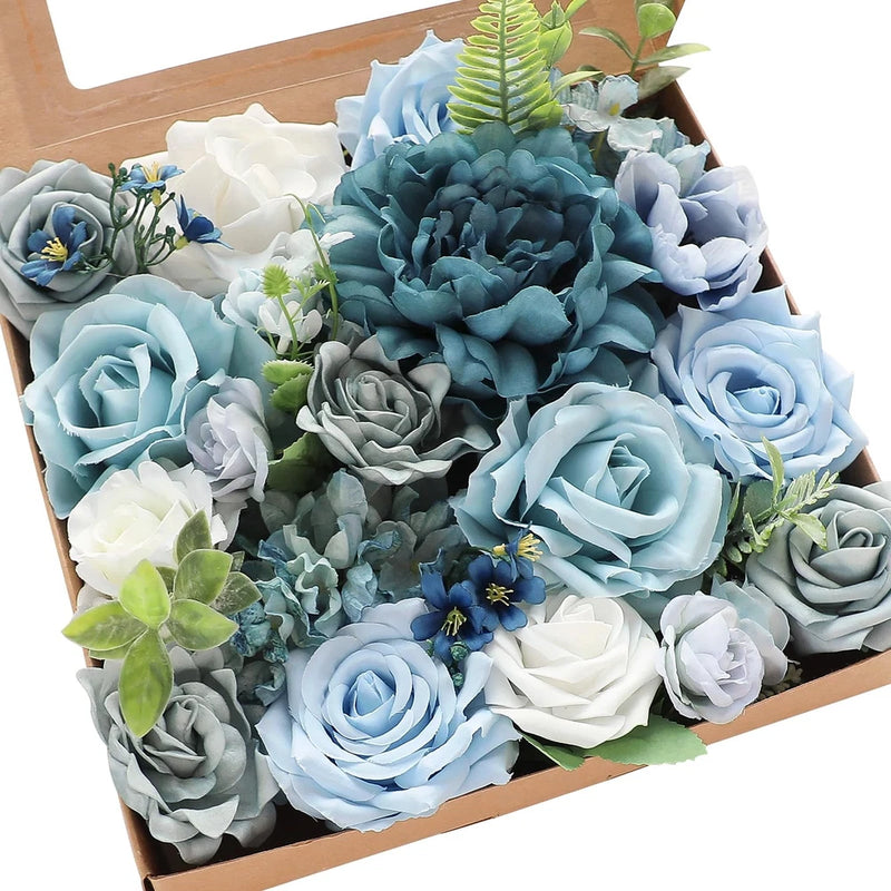 Dusty Blue Artificial Flowers Powder Blue Fake Roses Peony and Greenery Combo... Peony