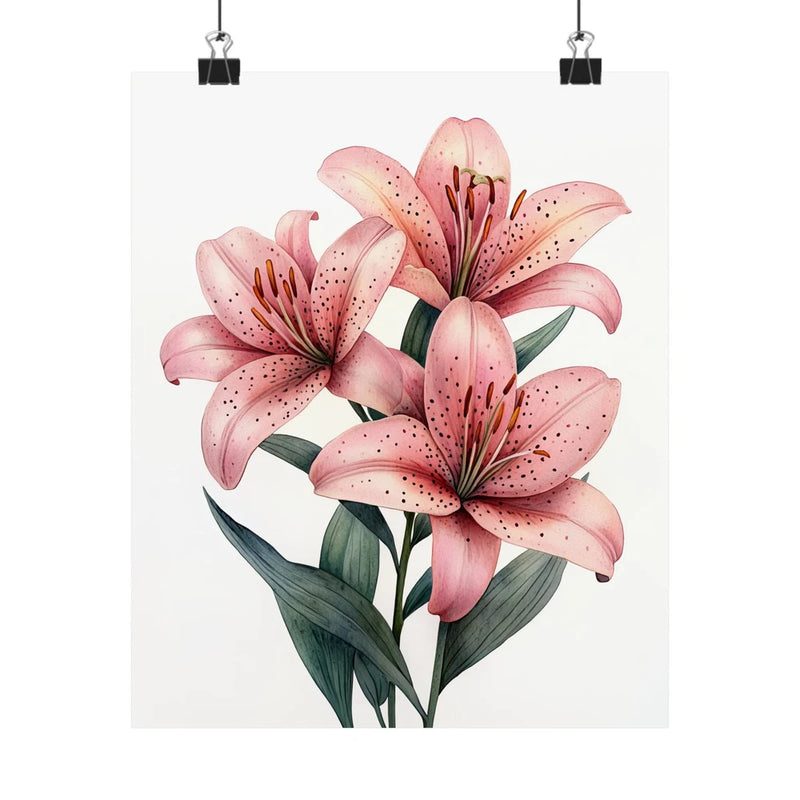 Pink tiger lily flower art print poster with speckled petals and green leaves