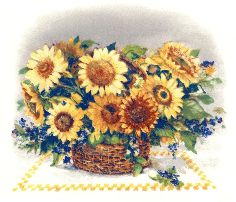 Sunflower and basket ceramic waterslide decal with blue wildflowers