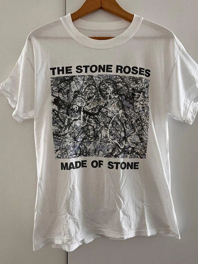 White unisex crewneck T-shirt with black 'THE STONE ROSES' and 'MADE OF STONE' print