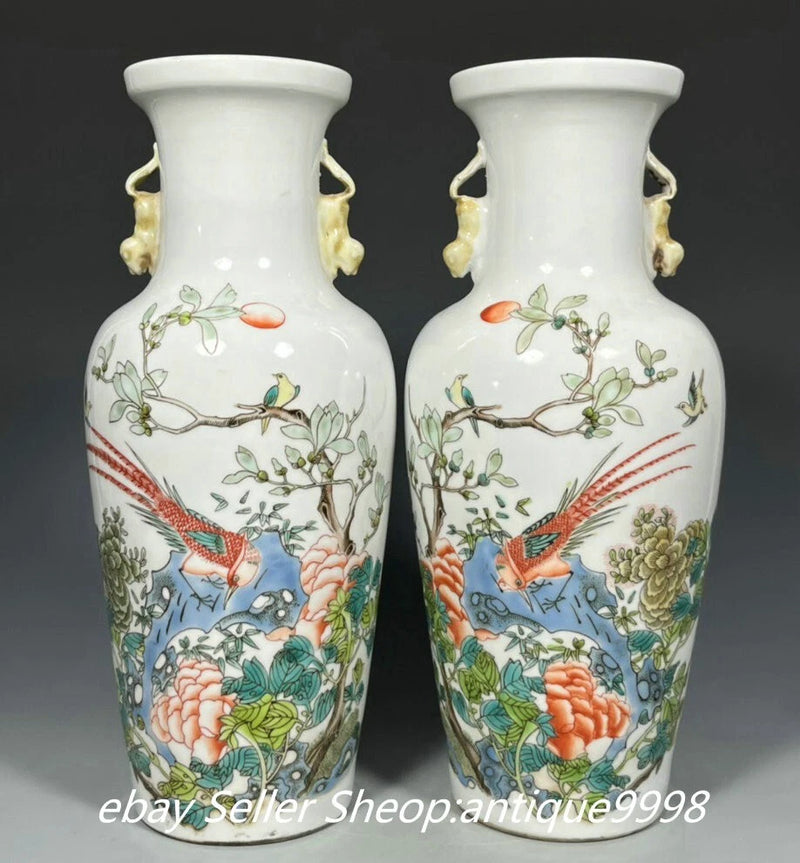 Pair of white porcelain bottle vases with wucai bird and peony floral scenes