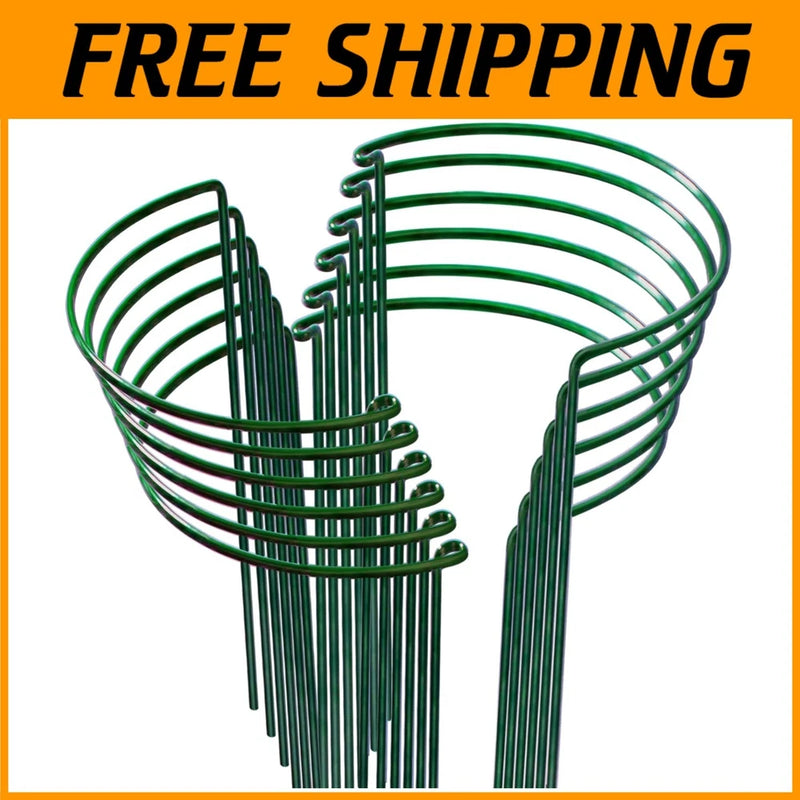 Green metal plant support stakes with curved rings, set of 12