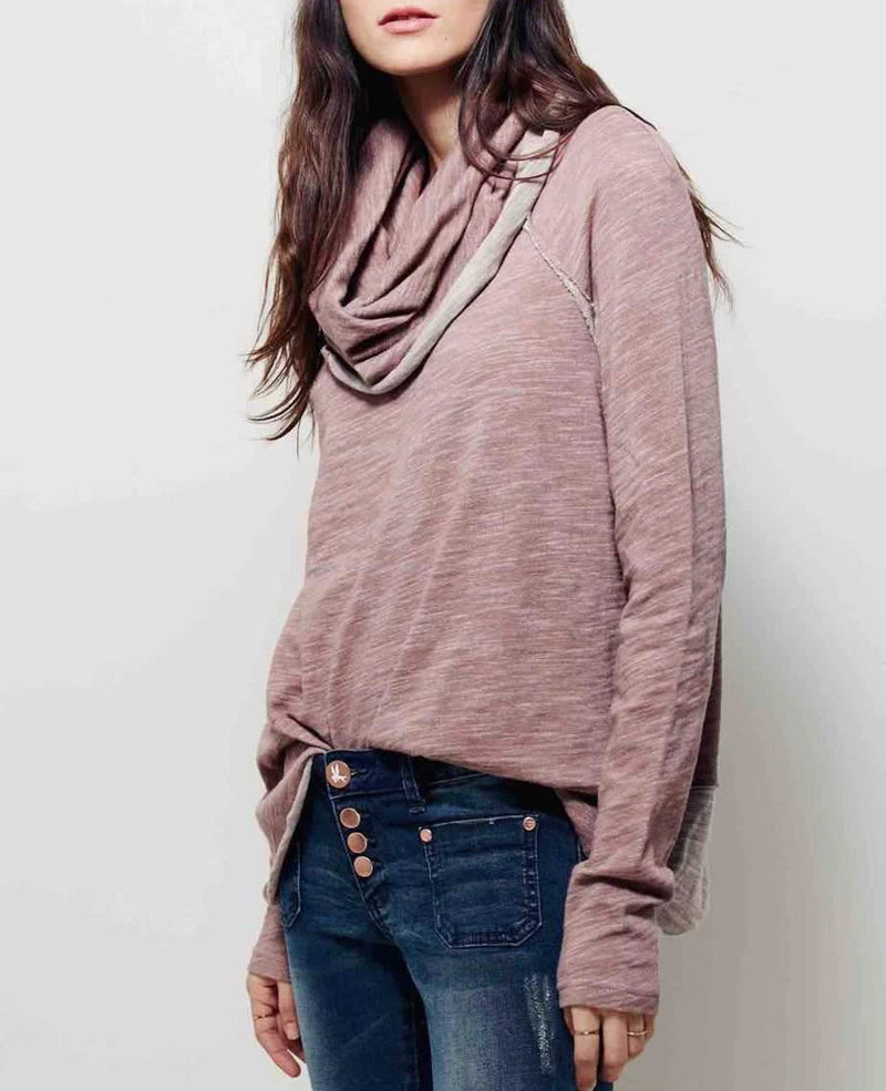 Heather rose long sleeve cowl neck pullover sweater, draped neckline