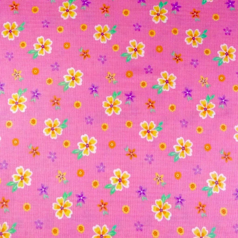 Vintage Cotton Plisse, Yellow, Purple & Gold Tossed Flowers on Pink, Per 1/2 Yd Flowering Plants