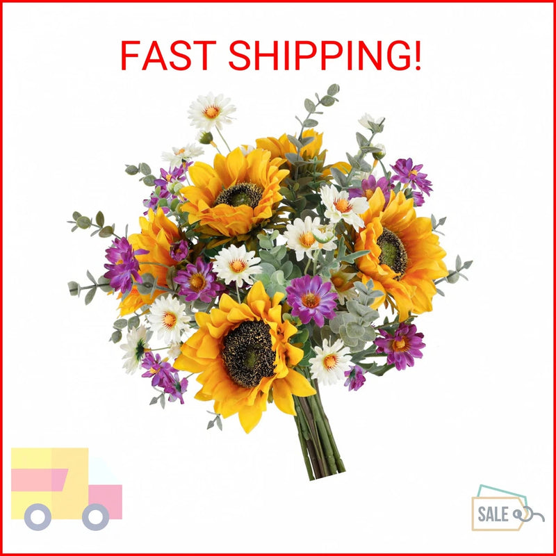 Artificial sunflower bouquet with orange sunflowers, purple daisies, and green leaves