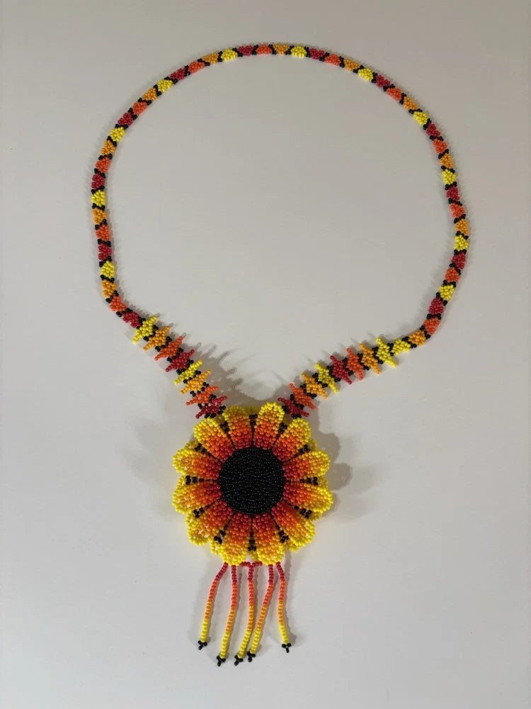 Multicolor sunflower pendant necklace with beaded cord, yellow center flower, 22 in