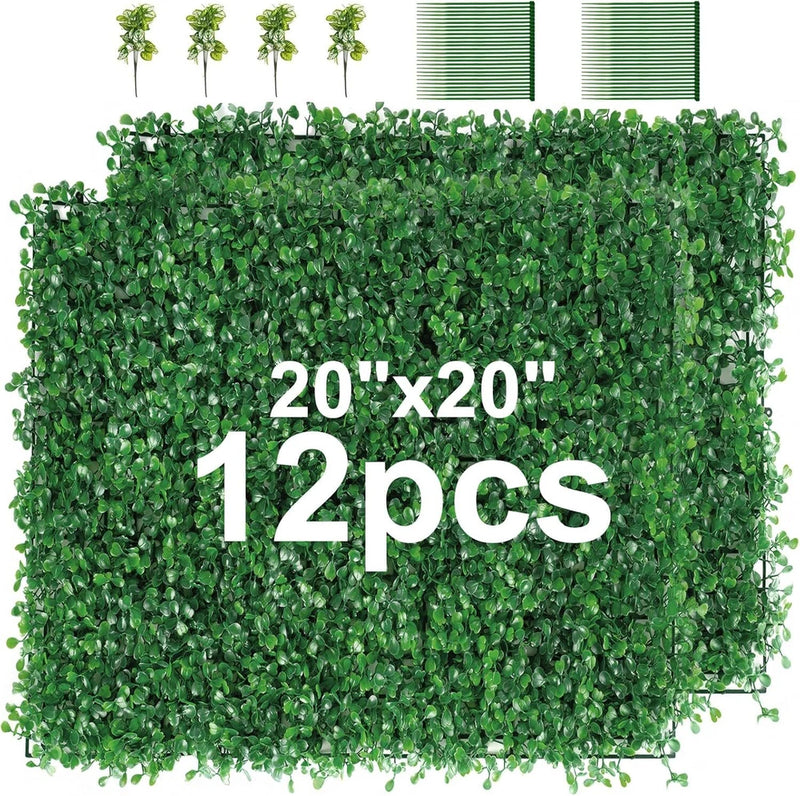 Green artificial boxwood wall hedge mat panels, 12 pcs, 20 x 20 in each