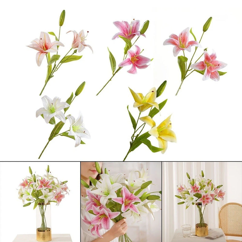 Artificial double-headed lily bouquet with pink, white, and yellow blooms on green stems