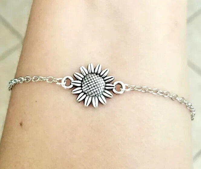 Silver sunflower anklet with linked chain and round flower charm