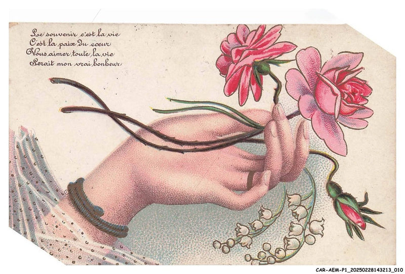 Vintage floral illustration card with roses, lily of the valley, and holding hands