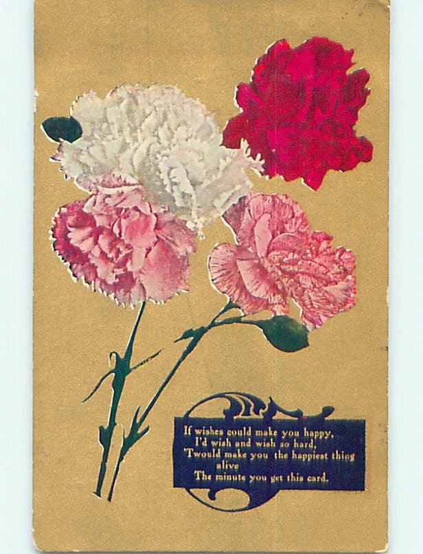 Vintage greeting card with red and pink carnations, white bloom, and quote panel
