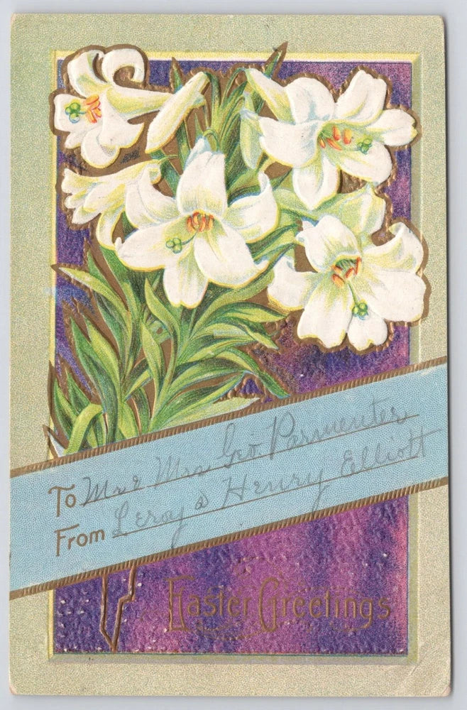 Vintage embossed Easter greetings postcard with white lily flowers and cursive message