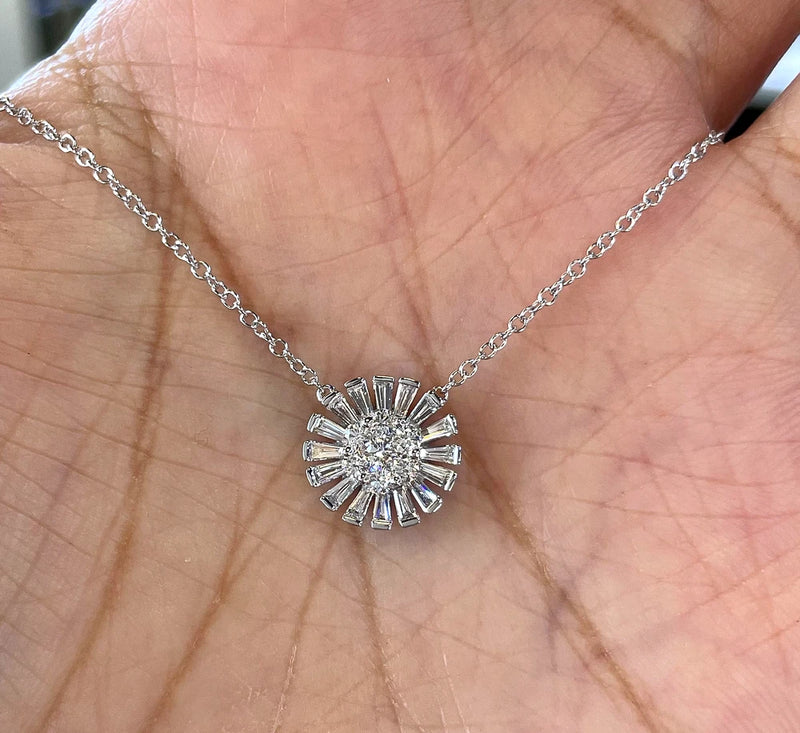 1.90Ct Baguette Cut Lab-Created Diamond Sunflower Pendant 14K White Gold Plated Sunflower