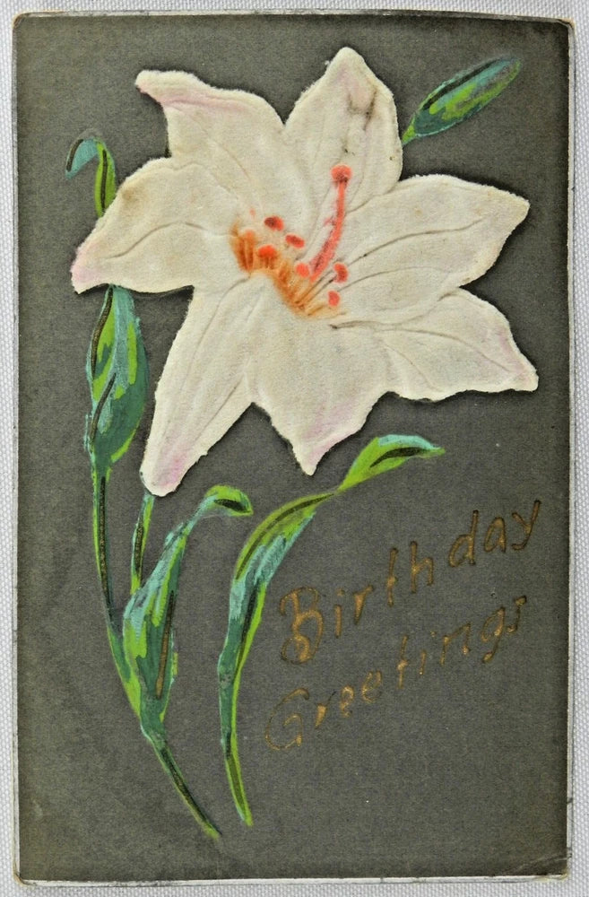 Vintage postcard with white lily flower and gold 'Birthday' text, orange center.