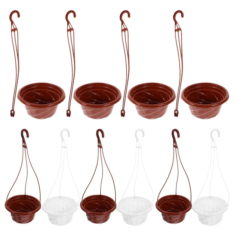 Set of hanging flower planters with metal hooks, terracotta and white pots