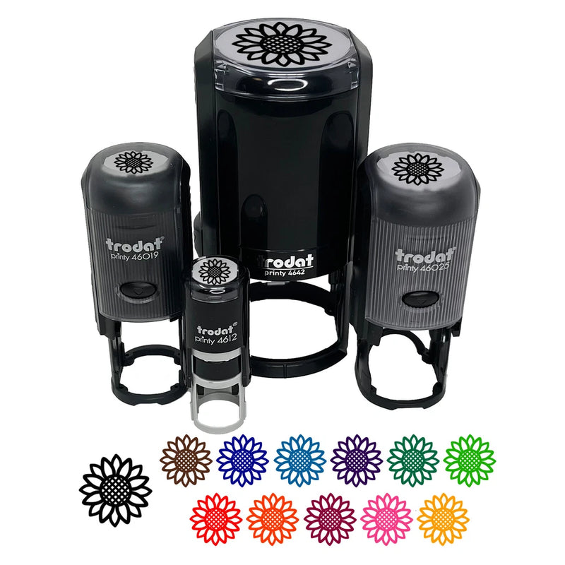 Self-inking sunflower rubber stamp set with three stampers and multi-color sunflower prints